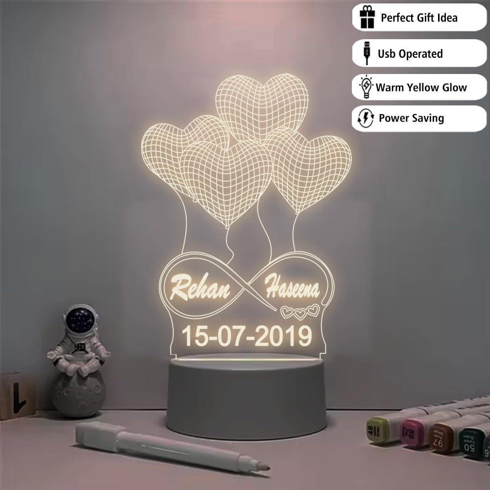 Customized 3D Illusion LED Lamp with Name & Date – Warm White Light – Personalized Romantic Gift for Couples, Anniversary, Wedding, Valentine’s Day - Image 2
