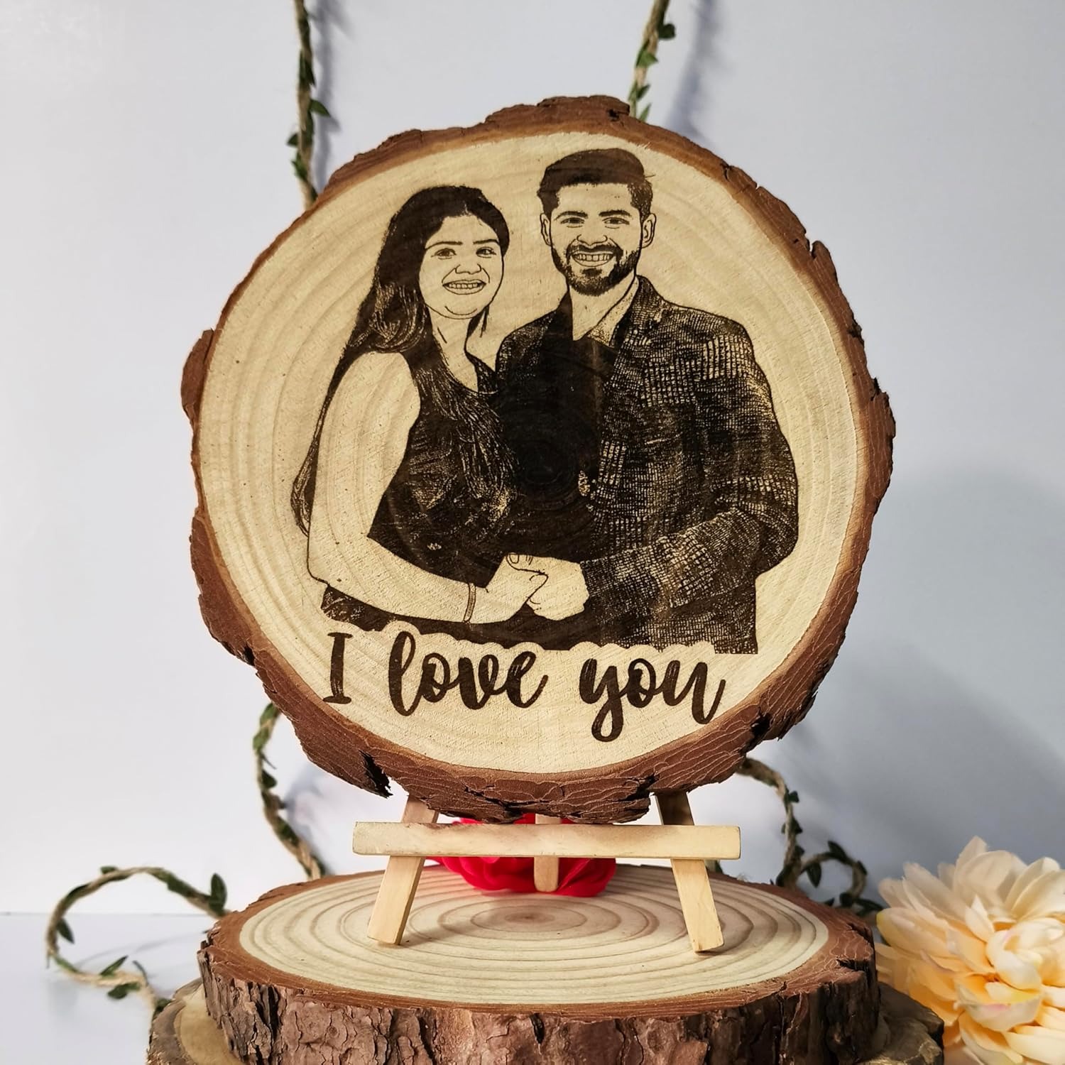 Natural Wooden Slice Photo Frame With Wood Stand Custom Name And Design Photo Frames Unique Gift with Engraved Names (4-5 inch), Round, Tabletop - Image 2