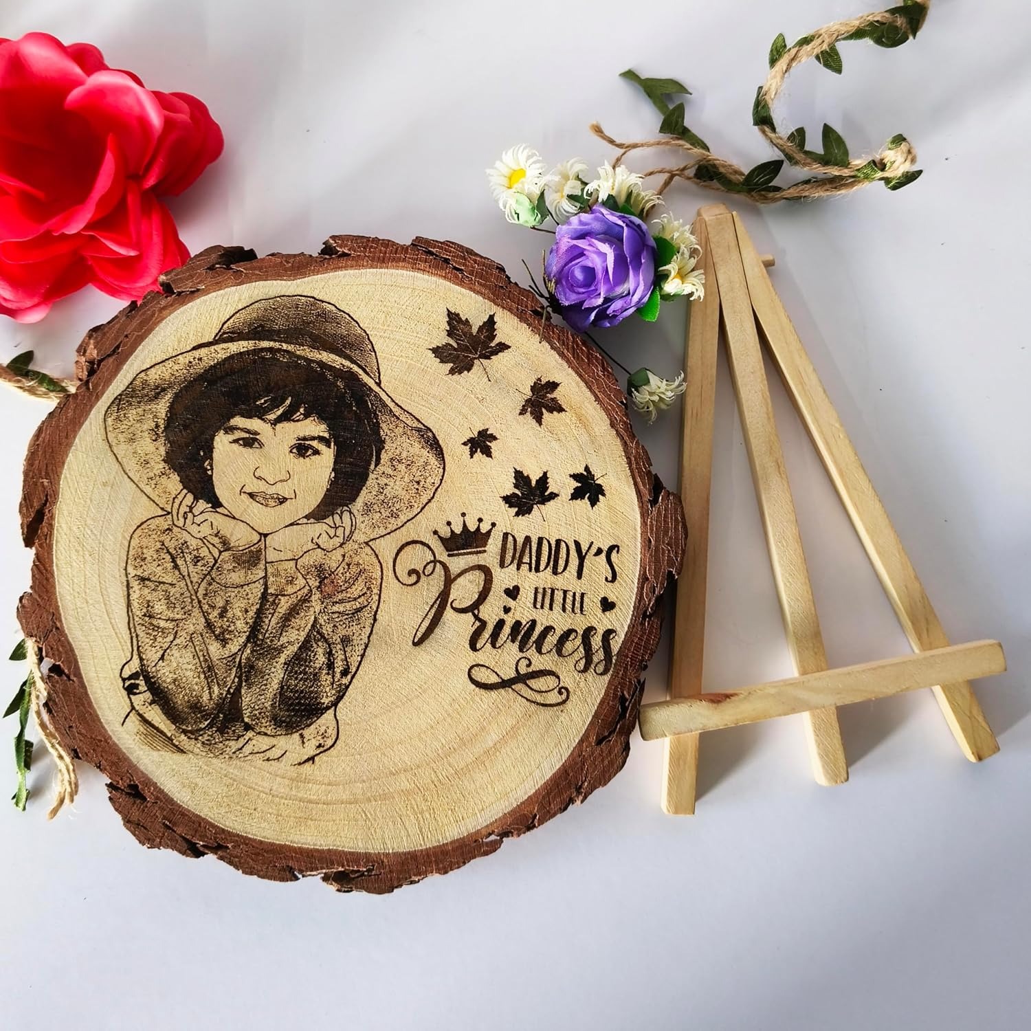 Natural Wooden Slice Photo Frame With Wood Stand Custom Name And Design Photo Frames Unique Gift with Engraved Names (4-5 inch), Round, Tabletop - Image 3