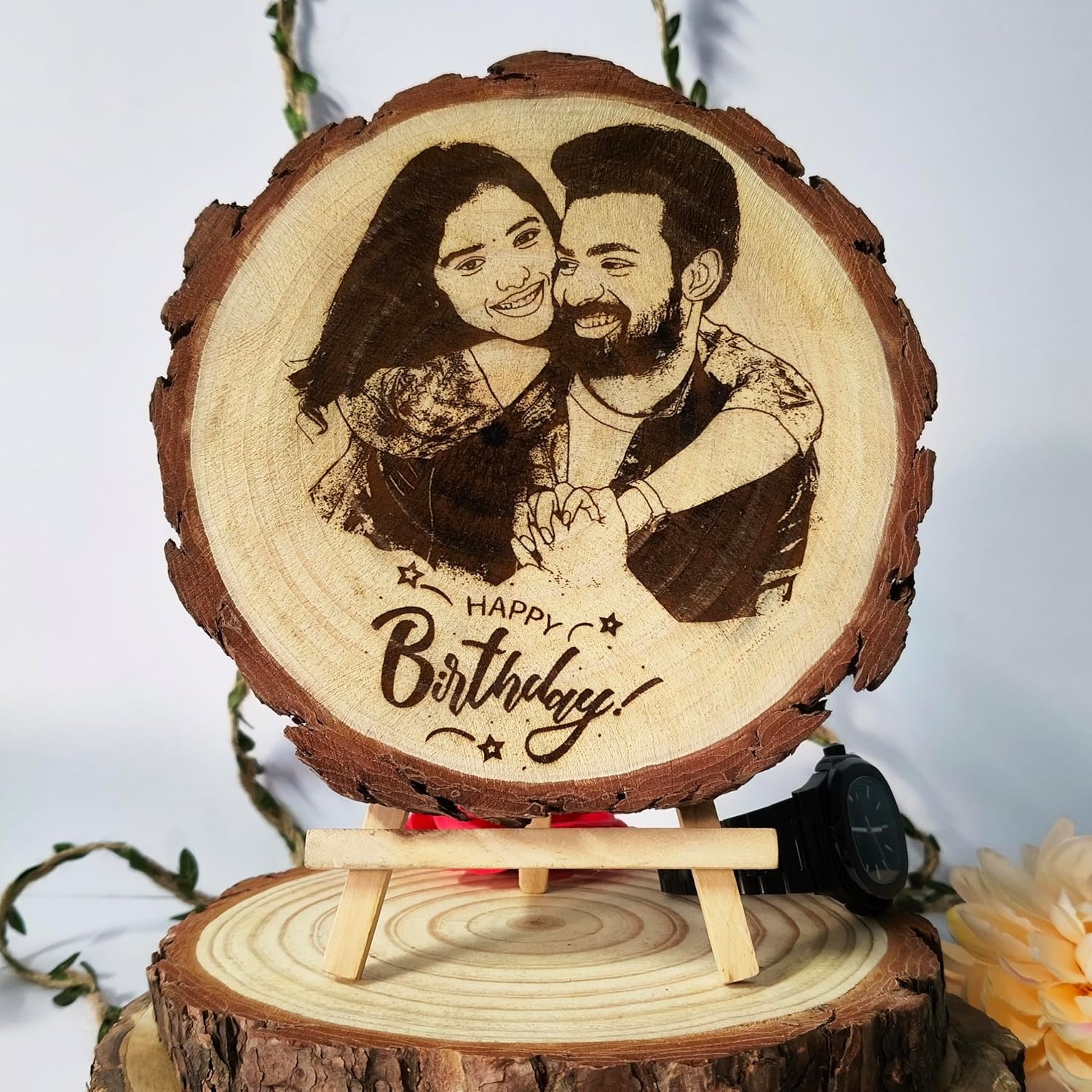 Natural Wooden Slice Photo Frame With Wood Stand Custom Name And Design Photo Frames Unique Gift with Engraved Names (4-5 inch), Round, Tabletop