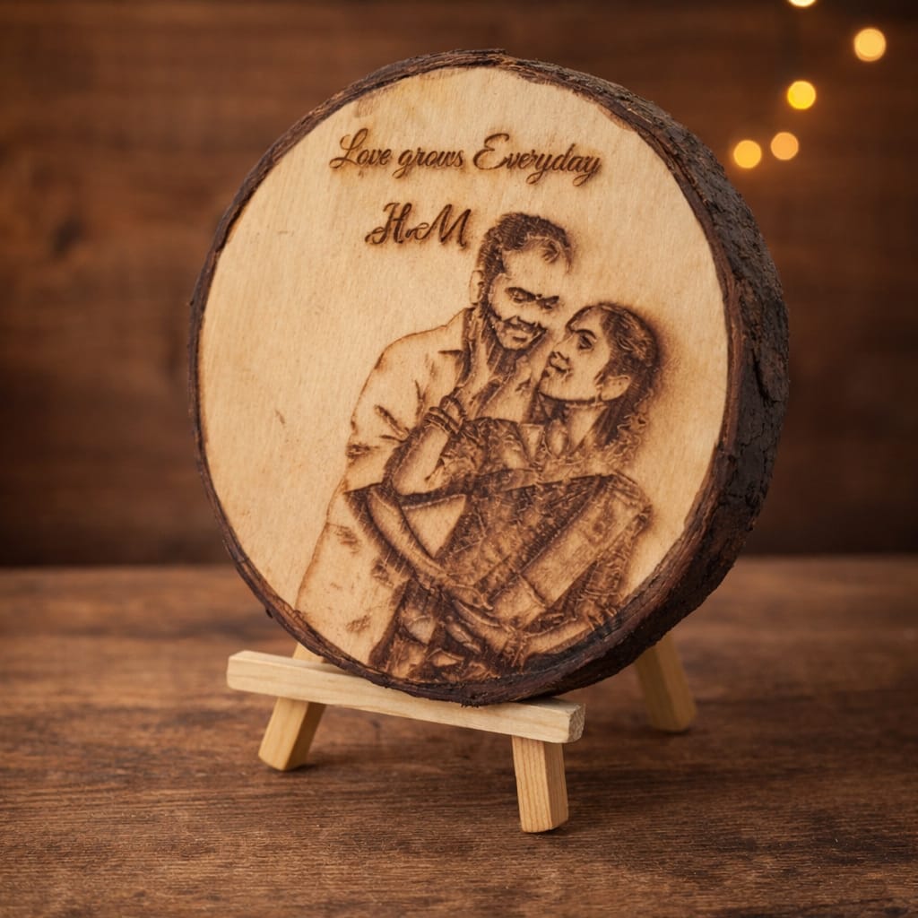 Personalized Round Wooden Plaque with Stand | Custom Wooden Engraved Photo Frame with Name, Date & Message | Natural Wood Slice Gift for Anniversary, Birthday, Couple, Husband & Wife