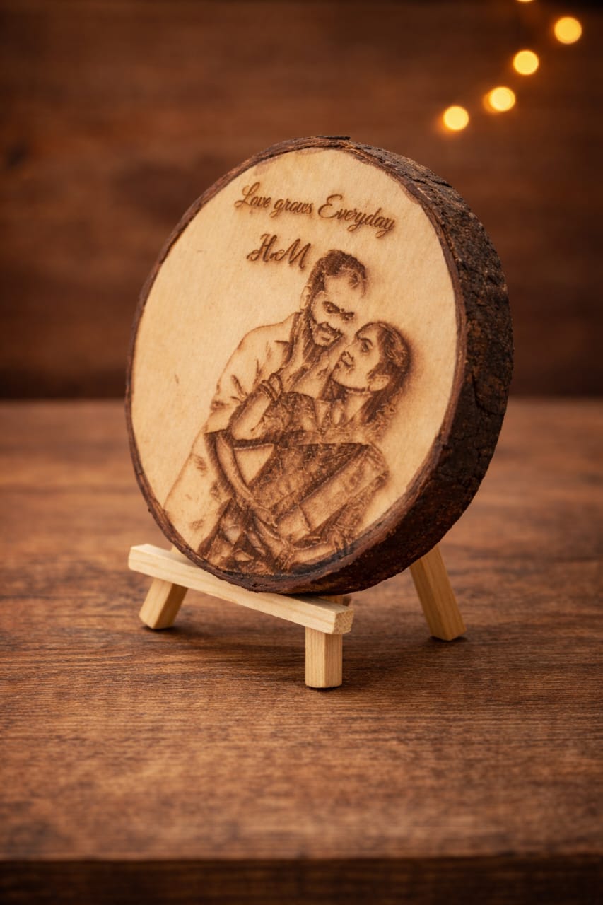 Personalized Round Wooden Plaque with Stand | Custom Wooden Engraved Photo Frame with Name, Date & Message | Natural Wood Slice Gift for Anniversary, Birthday, Couple, Husband & Wife - Image 2