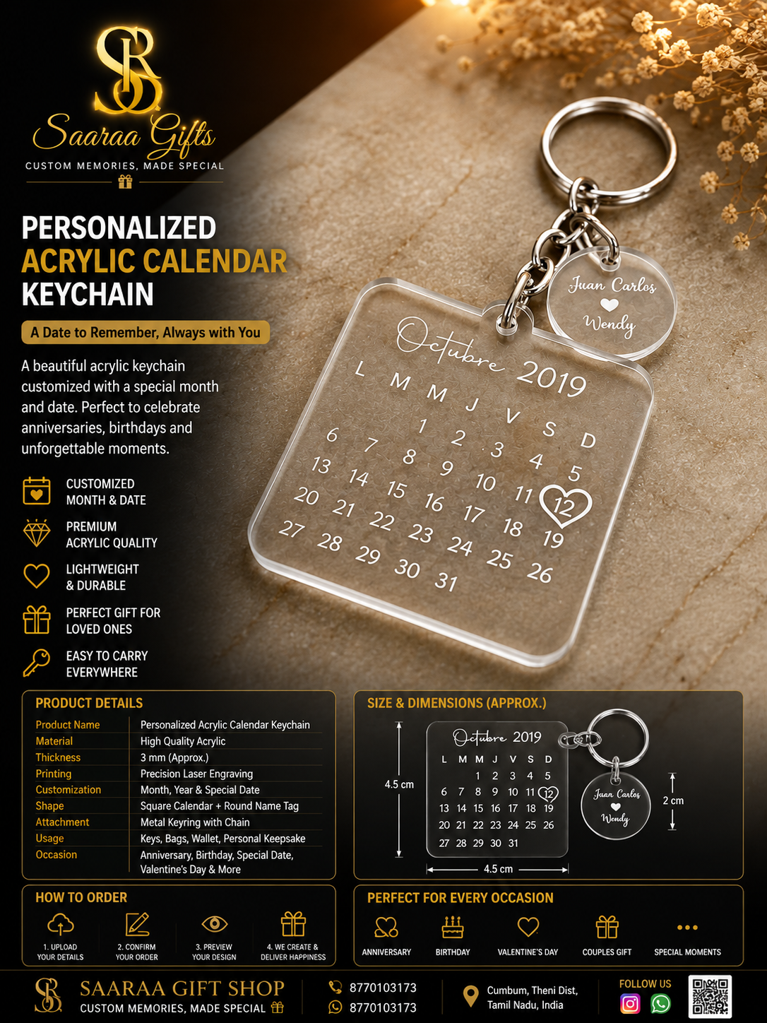 Personalized Acrylic Calendar Keychain – Custom Date & Name Gift - Image 2