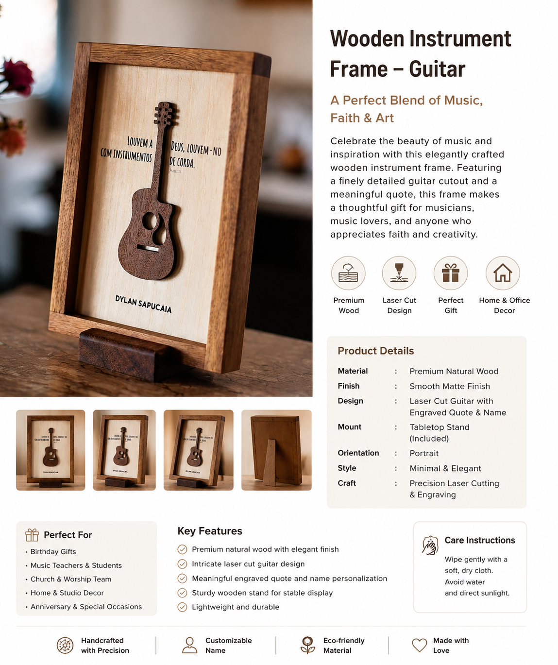 Personalized Wooden Guitar Instrument Frame with Tabletop Stand - Image 2